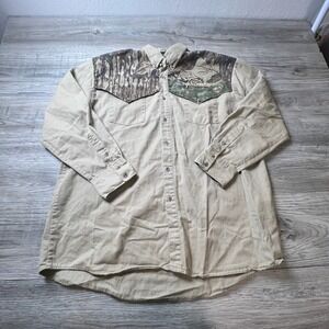 Vintage Spartan Realtree Shirt Mens Medium Tan Camo Western Yoke Button Down USA